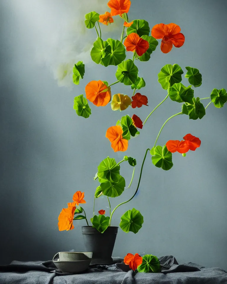 Prompt: photorealistic still life arrangement of a flowering nasturtium surrounded by blueish smoke with soft light coming from a window in a dark room, moody, flower designer, beautiful classical style