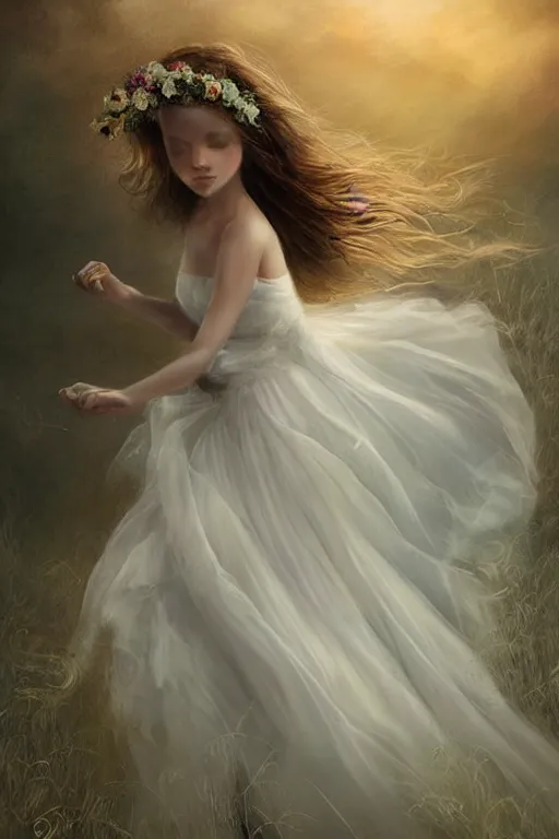 Image similar to little girl dancing in the wind, beautiful face, ethereal, bride, beautiful wedding dress, gorgeous, volumetric lighting, elegant, fluid, very very highly detailed, digital painting, concept art, illustration, limited color palette, atmosphere and tension, art by greg olsen and liz lemon swindle