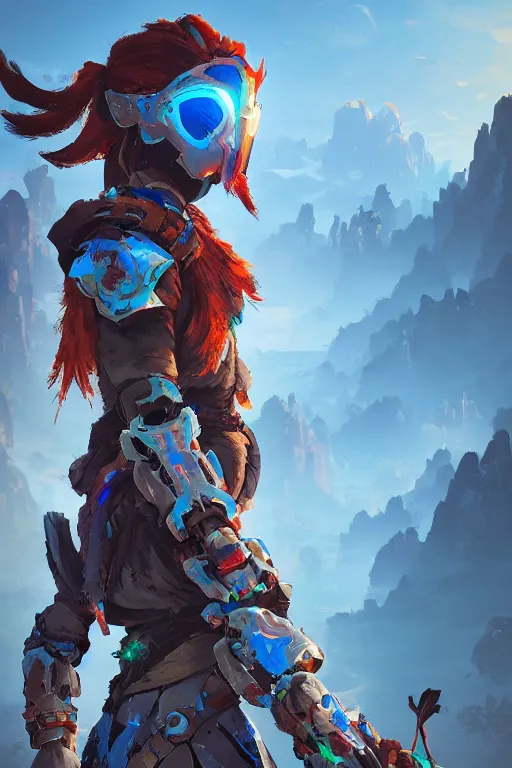 Image similar to combination suit armor aloy horizon forbidden west horizon zero dawn radiating a glowing aura global illumination ray tracing hdr fanart arstation by ian pesty and alena aenami artworks in 4 k tribal robot ninja mask helmet backpack