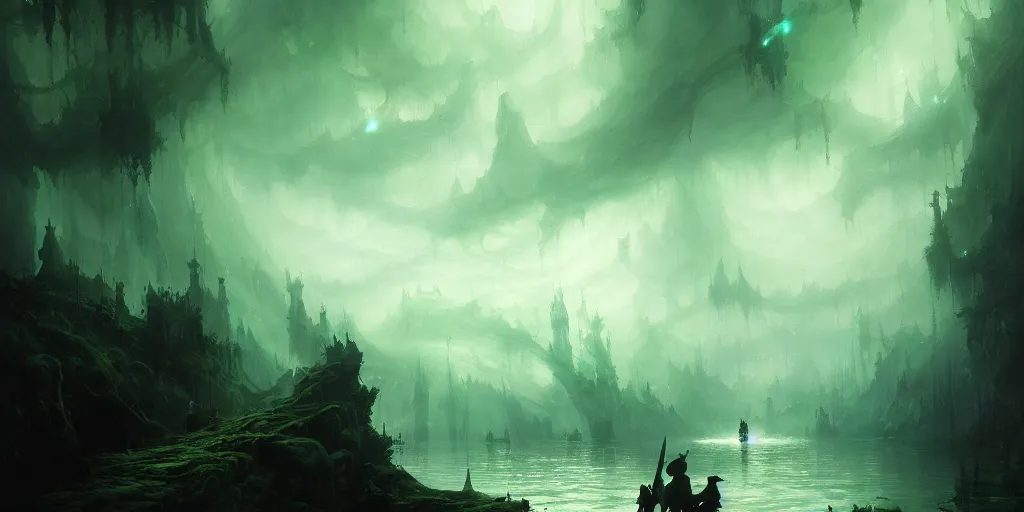 Prompt: magical subterranean river styx, a man in a cape on a boat with a sword, ethereal swirling green mist, dramatic lighting, magical atmosphere,, gothic illustration, greg rutkowski, andreas rocha, ashley wood, soft edges, low detail, trending on artstation