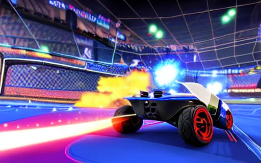 Image similar to rocket league, car soccer, boom, goal, demo, explosion, action shot, lens flares, rim light, raytracing, glow, haze, octane render, unreal engine, cinematic angle, dramatic lighting