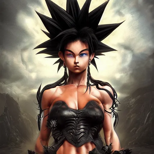 Prompt: warrior girl, muscular girl, wild spiky black saiyan hair, long spiky hair, electrified hair, insane hair, ultra realistic, intricate details, highly detailed, subsurface scattering, photorealistic, octane render, 8 k, art by artgerm, greg rutkowski, magali villeneuve, alphonse mucha