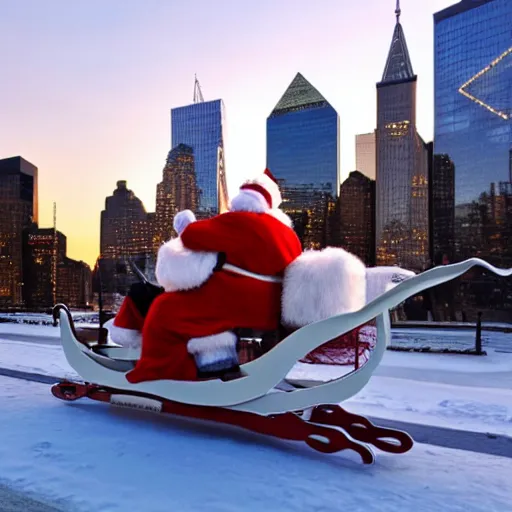 Image similar to santa claus in a sleigh in front of world trade center with a beautiful sunset in the background