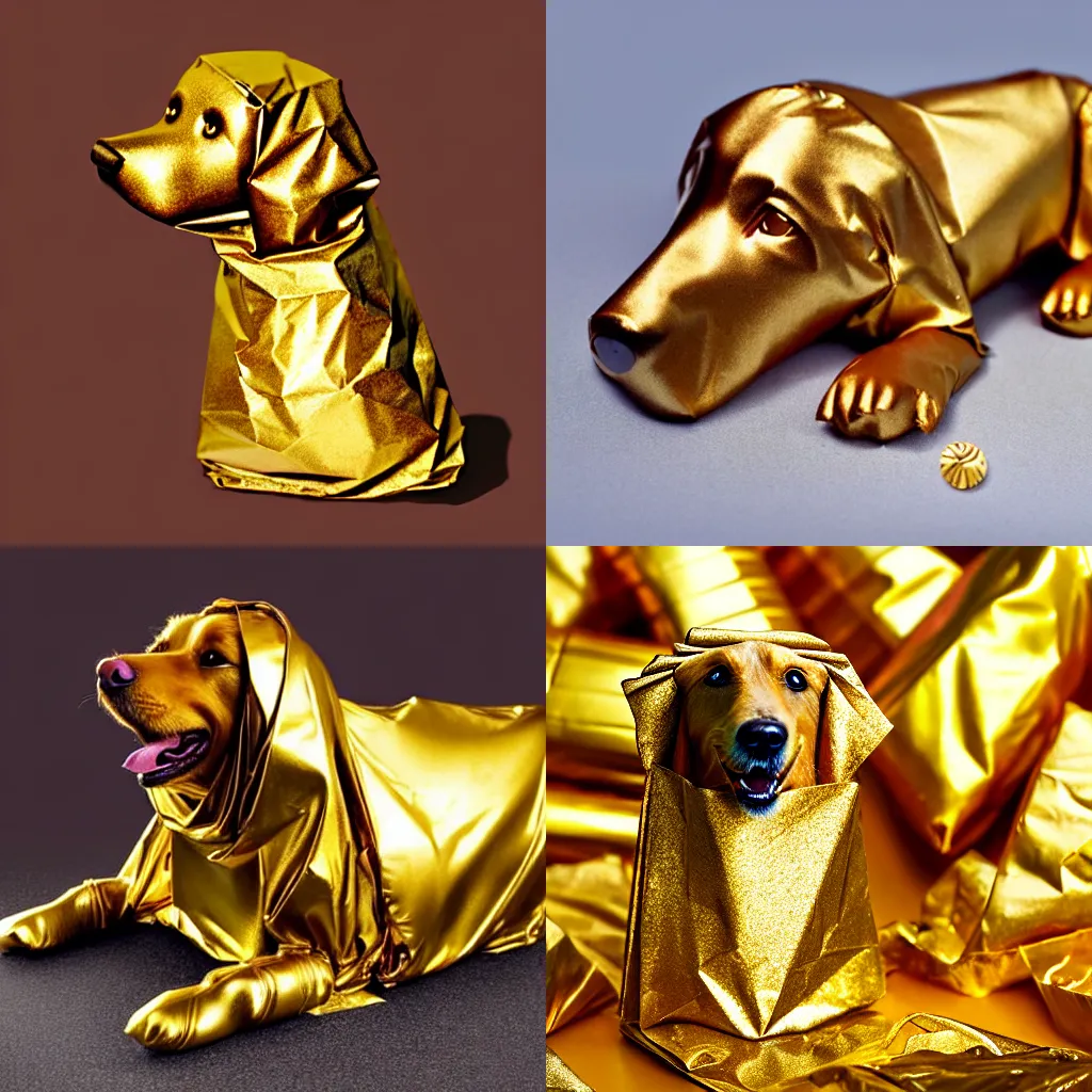 Prompt: A realistic photo of a chocolate sweet shaped like a golden retriever, wrapped in gold aluminum foil, foil is partially unwrapped and torn exposing the chocolate