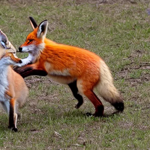 Image similar to savage fox snarls as it leaps towards a rabbit boy hybrid