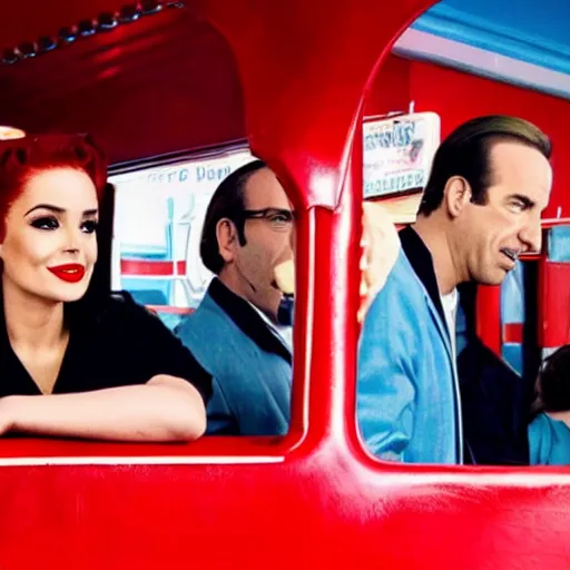 Prompt: closeup of cheryl blossom and saul goodman at a 5 0 s diner with red booths, still from breaking bad