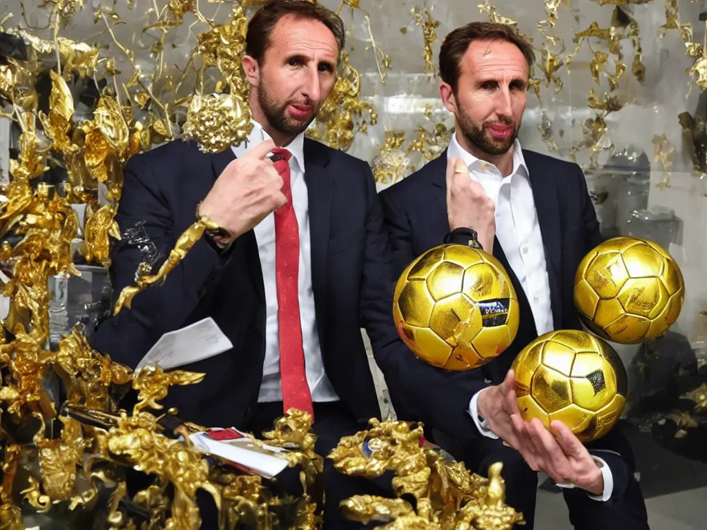 Image similar to a solemn perfect photograph of gareth southgate placing a soccer ball into an intricate gold coffin decorated with hate mail.