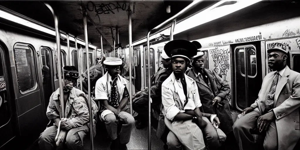 Prompt: new york subway cabin 1 9 8 0 s inside all in graffiti, black guy in the black beret, coloured film photography, christopher morris photography, bruce davidson photography