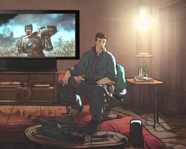 Prompt: a beautiful illustration of my friend mark kidd, playing fallout new vegas on the xbox 3 6 0 in his living room. the tv is the only light source, in the style of studio ghibli, artwork by studio ghibli, cinematic composition, anime