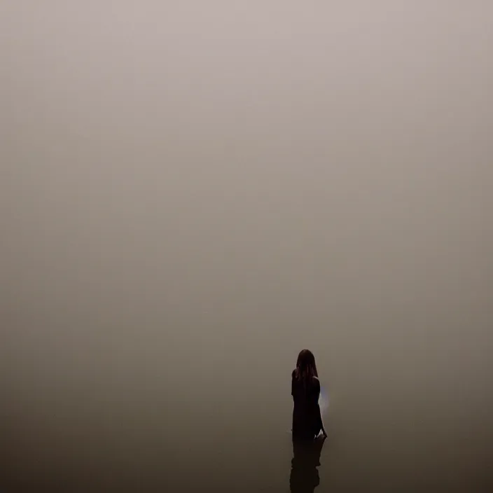 Image similar to a woman, standing in shallow endless water, foggy, backlit, wearing amazing clothes, backlit, photo by Marat Safin, Canon EOS R3, f/1.4, ISO 200, 1/160s, 8K, RAW, unedited, symmetrical balance, in-frame