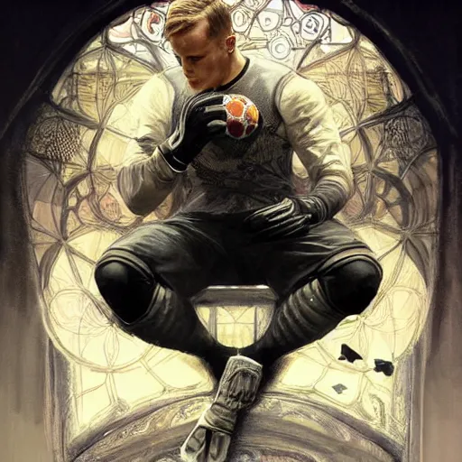 Image similar to Ter Stegen holding a bomb in his gloves, Barcelona and Germany goalkeeper, D&D, fantasy, intricate, elegant, highly detailed, digital painting, artstation, concept art, matte, sharp focus, illustration, art by Artgerm and Greg Rutkowski and Alphonse Mucha