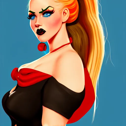 Image similar to rockabilly curvy woman, long blond hair with scarf, blue eyes, wholesome, country, southern, digital art, cinematic, concept art, 8k, painting, trending on artstation, wide shot, full shot