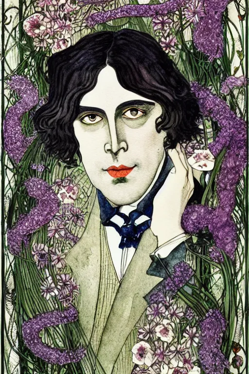 Prompt: realistic portrait of oscar wilde in the center of an ornate frame of dark flowers, detailed art by kay nielsen and walter crane, illustration style, watercolor