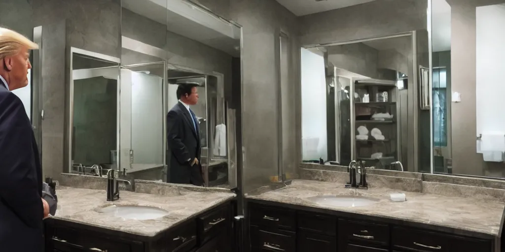 Image similar to ultra wide angle photo of donald trump dressed in a a green flannel shirt and black dress pants as clark kent looking at himself in a bathroom mirror and seeing his reflection as superman