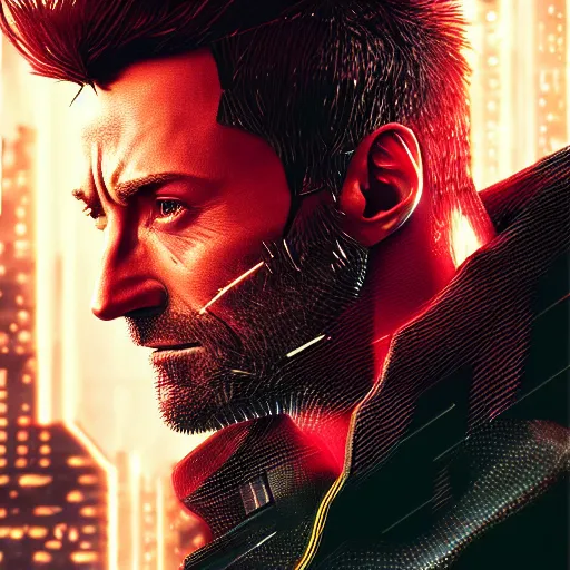 Image similar to hugh jackman portrait, cyberpunk 2 0 7 7, cyberpsycho, photorealistic, ultra detailed, neon, octane, bokeh, cyber, cyberpunk city, feature, scars, cyberface, 8 k