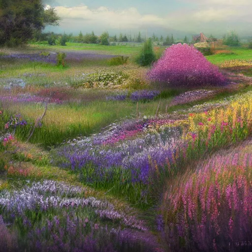 Prompt: a matte painting of a european prairie, cottage town, patchy flowers, oil painting, pale colors, high detail, 8 k, wide angle, trending on artstation,