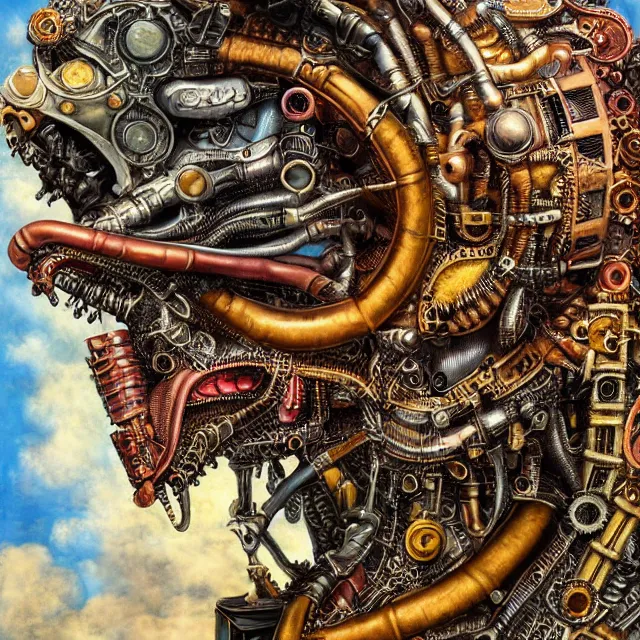 Image similar to profile portrait of a dragon, computer parts, mechanical parts, by giuseppe arcimboldo, steampunk, cyberpunk, futuristic, psychedelic, surreal, sci - fi, vaporwave, alien, dreamlike.