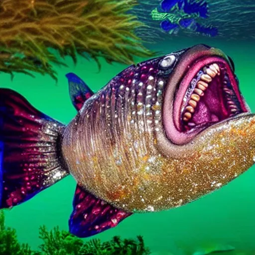 Image similar to A fish with jeweled teeth, the mouth is wide open, inside the mouth is a vegas casino