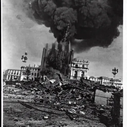 Image similar to A photo of a Puerta de Alcalá (Madrid) being destroyed by a nuclear bomb during the Spanish Civil War