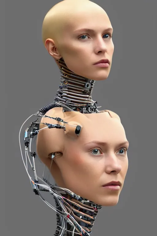 Image similar to robot with human face, female head, full body angle, woman human face, human face realistic, beautiful blonde hair, human head, human head with blonde hair, blonde hair human head, blonde hair, human realistic face, human head skin, cyborg frame concept, cyborg by ales-kotnik, sci-fi android female, the body is made of wires, robotic body, cyborg body, cyborg bust body, robot body cyborg, full body