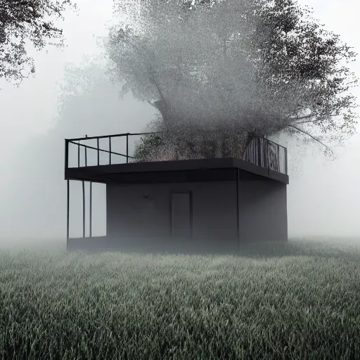 Prompt: a home under construction half engulfed in fog 3 d render
