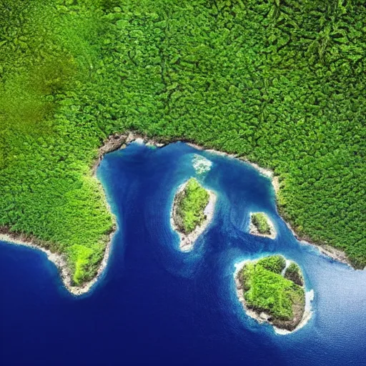 Image similar to satellite view of a large island covered in many lush, green, trees, with a few mountains, surrounded by beach fronts and shallow blue water, award winning satellite photography