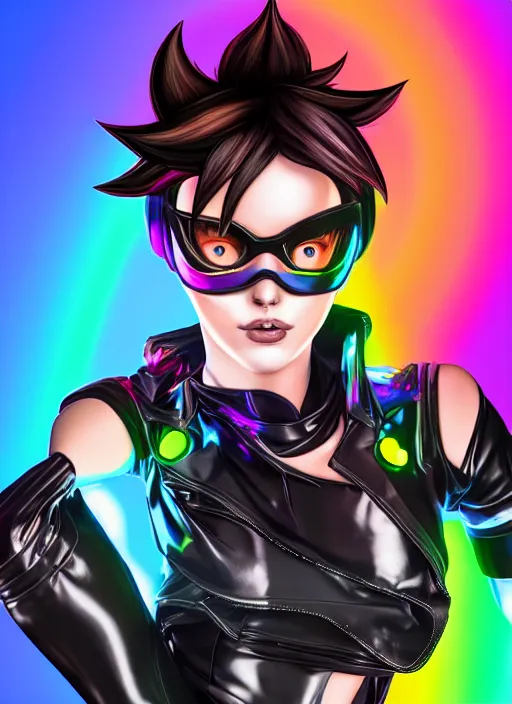 Image similar to full bod digital illustration portrait of tracer overwatch, confident pose, full body, full body, wearing black jagged iridescent rainbow latex armor, rainbow, neon, 4 k, expressive surprised expression, makeup, wearing large rainbow neon choker, studio lighting, acid, trippy, black leather harness, expressive detailed face and eyes,