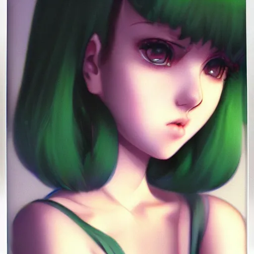 Image similar to beautiful young girl, curly green hair, polaroid, Ilya Kuvshinov, Range Murata