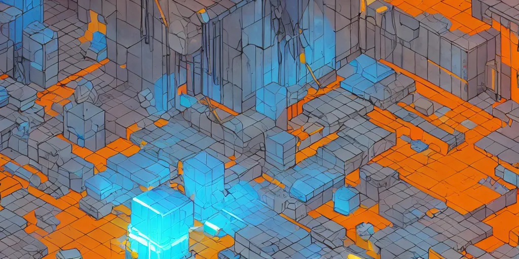 Prompt: cyberpunk dungeon, ancient caves, blue and orange neon lines along the wall,, large cubic blocks line the floor, bluestone walls, trending on artstation