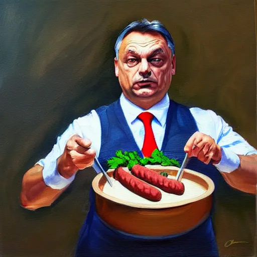 Prompt: viktor orban making sausage, oil painting