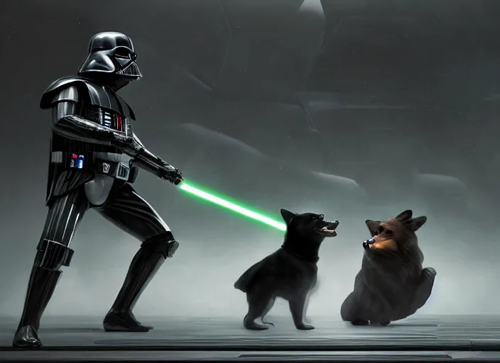 Image similar to a Photorealistic dramatic hyperrealistic render of darth vader with lightsaber drawn facing off against a calm cute corgi in battle, futuristic star wars vibe, by WLOP and Artgerm and Greg Rutkowski and Alphonse Mucha, Beautiful dynamic dramatic dark moody lighting, shadows, cinematic atmosphere, Artstation, concept design art, Octane render, 8K, masterpiece, sharp focus