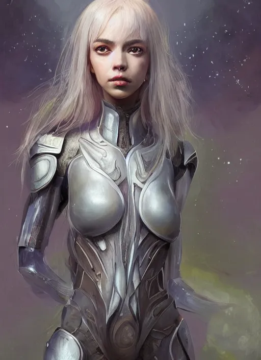 Image similar to a professional painting of a beautiful young female alien, clothed in ethereal armor, olive skin, long dark hair, beautiful bone structure, symmetrical facial features, intricate, elegant, digital painting, concept art, smooth, sharp focus, illustration, from Valerian and the City of a Thousand Planets, by Ruan Jia and Mandy Jurgens and Artgerm and William-Adolphe Bouguerea