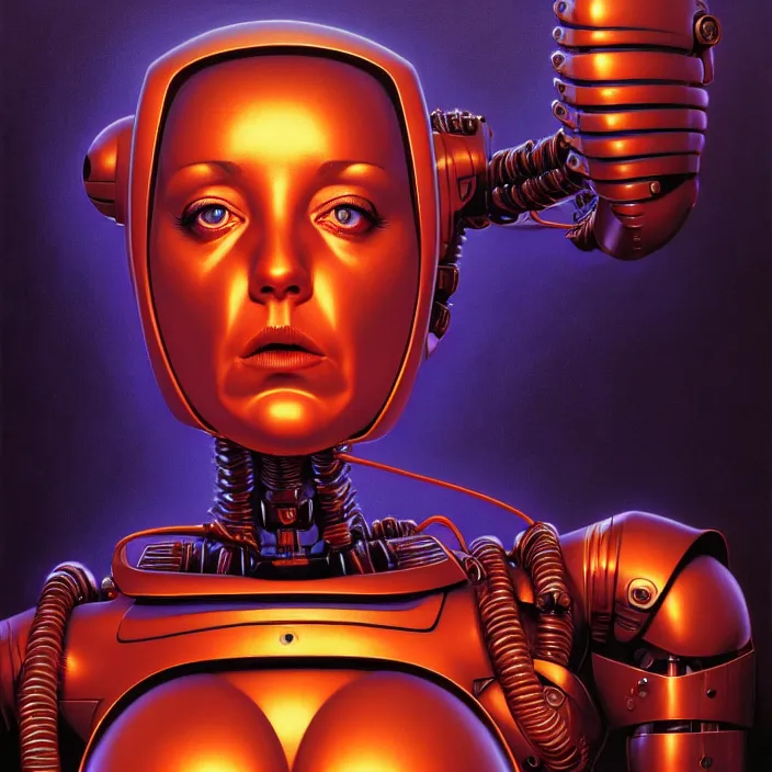 Prompt: cinematic bust portrait of psychedelic robot angela merkel from left, head and chest only, exotic alien features, robotic enhancements, desaturated, Tim Hildebrandt, Wayne Barlowe, Bruce Pennington, donato giancola, larry elmore, oil on canvas, masterpiece, trending on artstation, featured on pixiv, cinematic composition, dramatic pose, beautiful lighting, sharp, details, hyper-detailed, HD, HDR, 4K, 8K