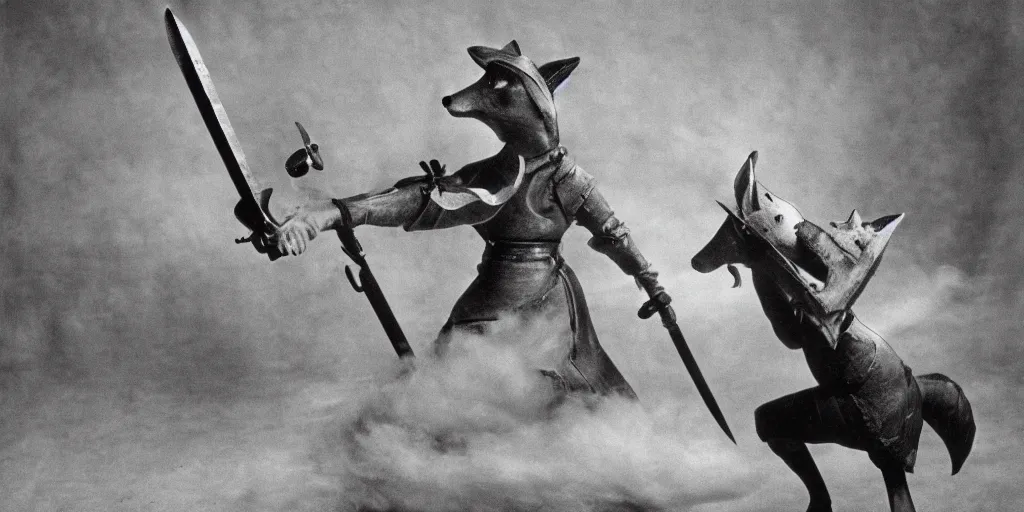 Image similar to anthropomorphic fox who is a medieval knight pointing a sword towards a stormy thundercloud 1 9 3 0 s film still, ladislas starevich puppet