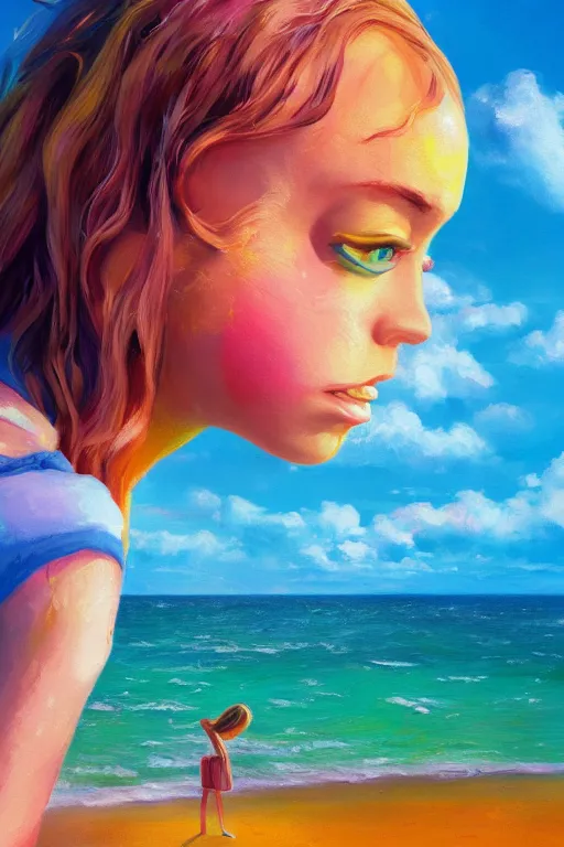 Prompt: closeup, giant frangipani head, girl on beach, surreal photography, golden hour, colorful clouds, impressionist painting, digital painting, artstation, simon stalenhag