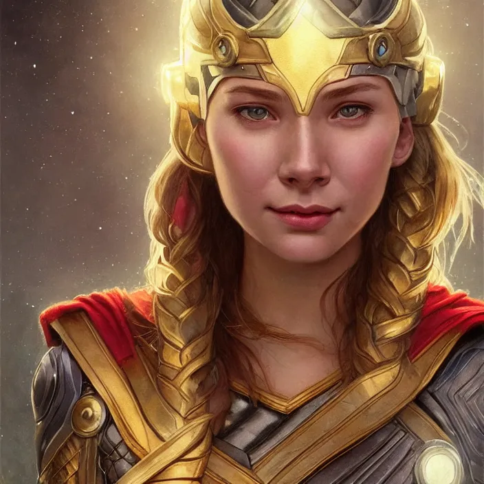 Image similar to smiling beautiful female thor with sparkling eyes, closed up portrait, highly detailed, gold filigree, fantasy, soft cinematic lighting, award, disney concept art, watercolor illustration by mandy jurgens and alphonse mucha and alena aenami, pastel color palette, featured on artstation