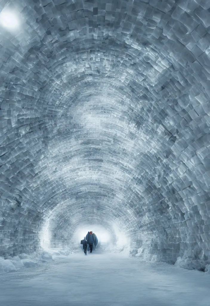 Prompt: Multiple connecting ice tunnels in antartica, multiple people moving around the tunnels, facinating and imposing, fantasy digital art, octane render, beautiful composition, trending on artstation, award-winning photograph, masterpiece