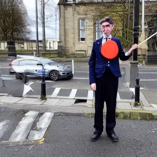 Image similar to photo of jacob rees - mogg working as a lollipop lady