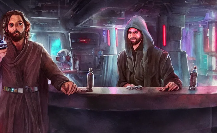 Image similar to an accurate realistic star wars watercolor fantasy concept art of a drug dealer that looks like chris d'elia looking angry in a sleazy futuristic bar of coruscant, hq, 4 k