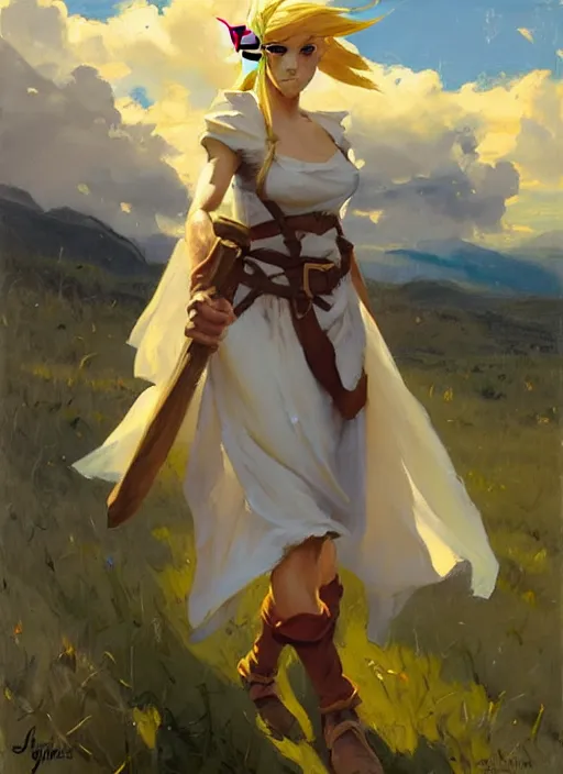 Image similar to Greg Manchess painting of a female Link from Legend of Zelda, countryside, calm, fantasy character portrait, dynamic pose, above view, sunny day, thunder clouds in the sky, artwork by Jeremy Lipkin and Giuseppe Dangelico Pino and Michael Garmash and Rob Rey, very coherent asymmetrical artwork, sharp edges, perfect face, simple form, 100mm