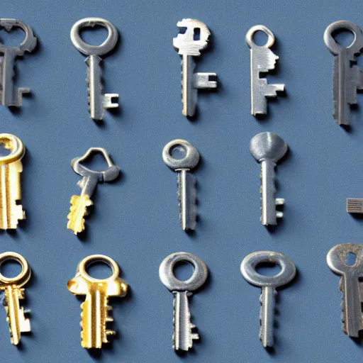 Prompt: 3 0 keys of different sizes, product photo on blue grey background