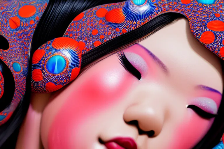 Image similar to hyperrealistic detailed image of a geisha laying in a art installation room, hd smooth interior by yayoi kusama, part by kei mieno, part by alex gray, part by ross tran, part by james jean, ultra realistic, highly detailed, life like face, detailed body, 8 k, octane render, trending on artstation, very cohesive, masterpiece