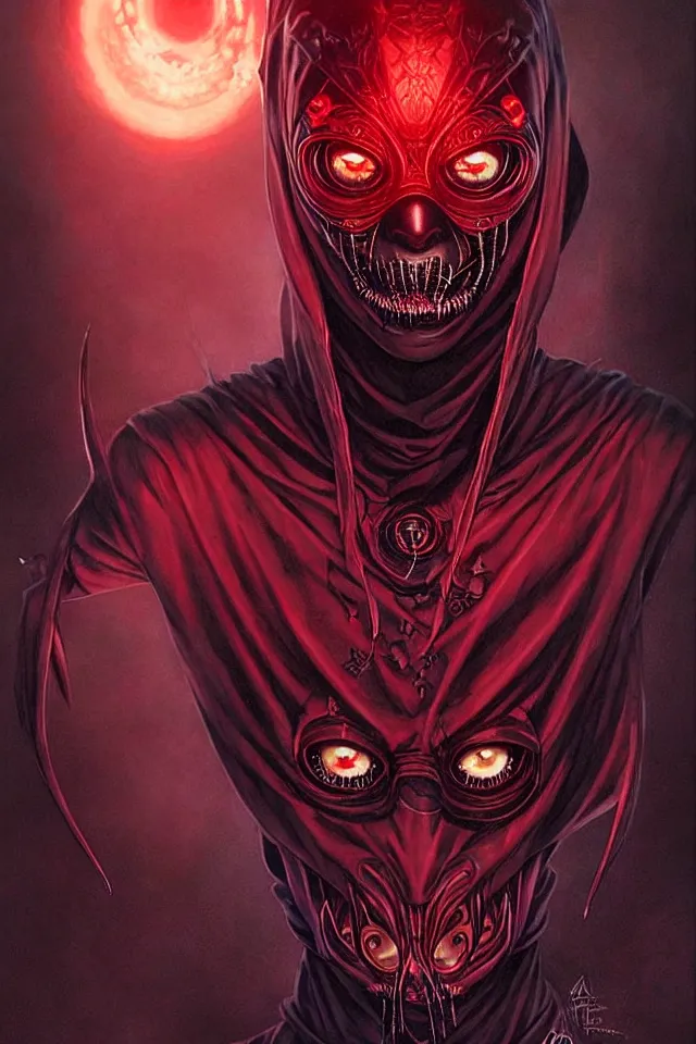 Prompt: a striking portrait of a pitch black masked eldritch shaman with sinister red eyes by moebius and ross tran and artgerm deta