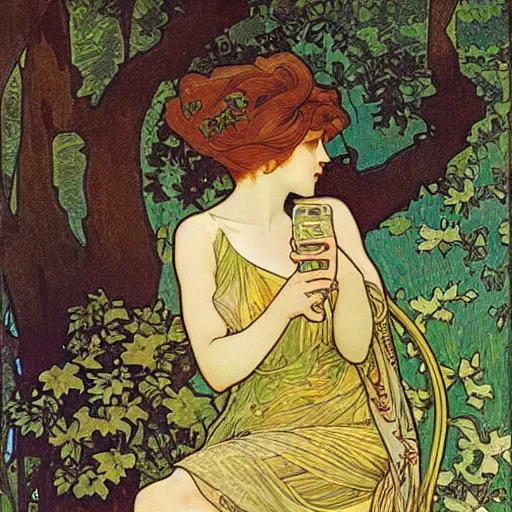 Prompt: “ girl drinking a beer under a tree, art nouveau, very detailed, gold leaf, plants, illustration by alphonse mucha ”