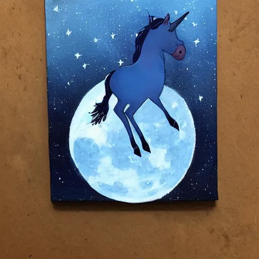 Image similar to A lonely dark-blue unicorn with wings sits on the moon's surface 🎨🖌️