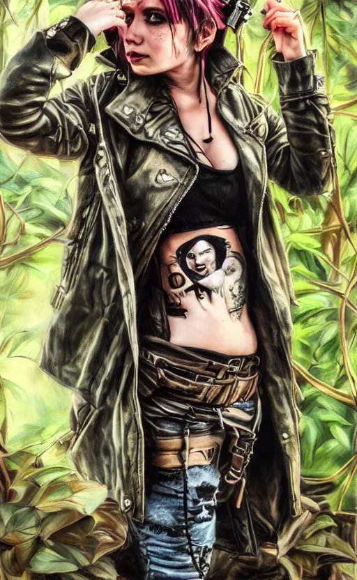 Prompt: cute punk rock girl making selfie in jungles, mad max jacket, renaissance, cables on her body, hyper realistic style, oil painting, highly detailed, fantasy by Olga Fedorova