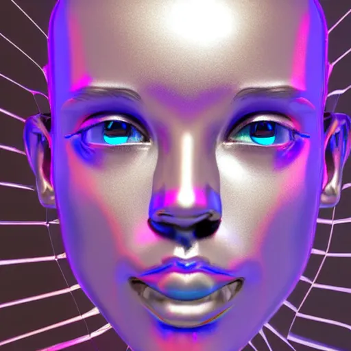 Image similar to 3d render of holographic human robotic head made of glossy iridescent, surrealistic 3d illustration of a human face non-binary, non binary model, 3d model human, cryengine, made of holographic texture, holographic material, holographic rainbow, concept of cyborg and artificial intelligence