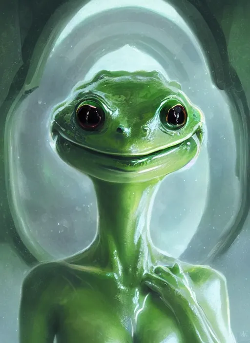 Image similar to portrait of my ethereal waifu cute innocent green slimy alien female froggy lady,, with adorable uwu eyes painted by greg rutkowski, wlop, 7 0 s scifi