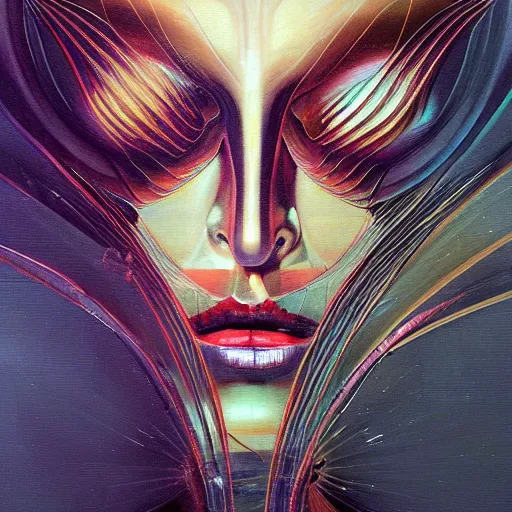 Prompt: beautiful painting of a hyperglitch diode diatom in the style of Francis Bacon, Karol Bak, Daturahex and Jesse Kanda. Dark background, detailed, trending on Artstation