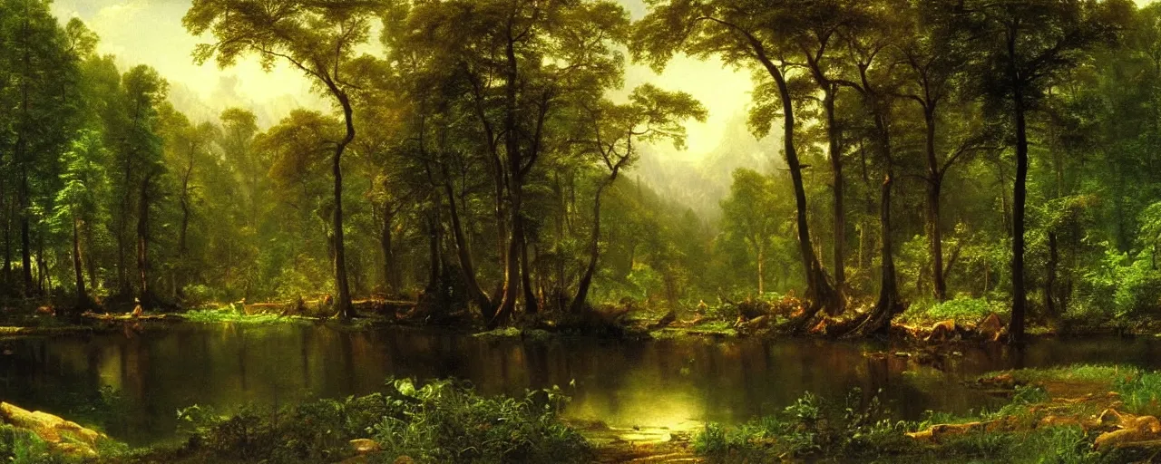 Prompt: beautiful forest scenery, painting by albert bierstadt and thomas cole